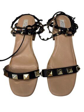 Steve Madden Black & Beige Studded Block Heel Sandals W/Wraparound Straps 10